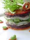Roast pepper, cod and tapenada timbale Roast pepper, cod and tapenada timbale