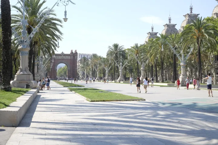 O Passeig de Lluís Companys e suas palmeiras, com o Arco do Triunfo no final da avenida