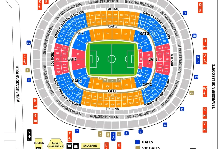 Mappa del Spotify Camp Nou con settori numerati, tribune, porte generali e VIP, accessi con lettere, ingressi del campus e zone in lavori.