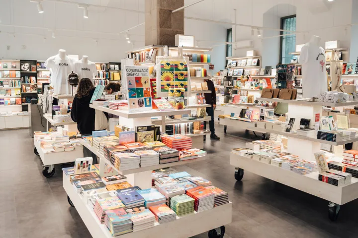 The CCCB bookstore-shop, with its tables of books and displays of tote bags and t-shirts