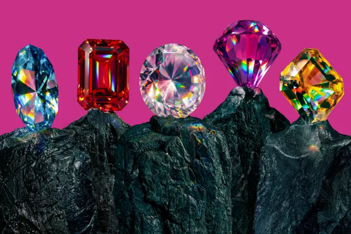 Five colorful gemstones placed on dark rocks, against a magenta background