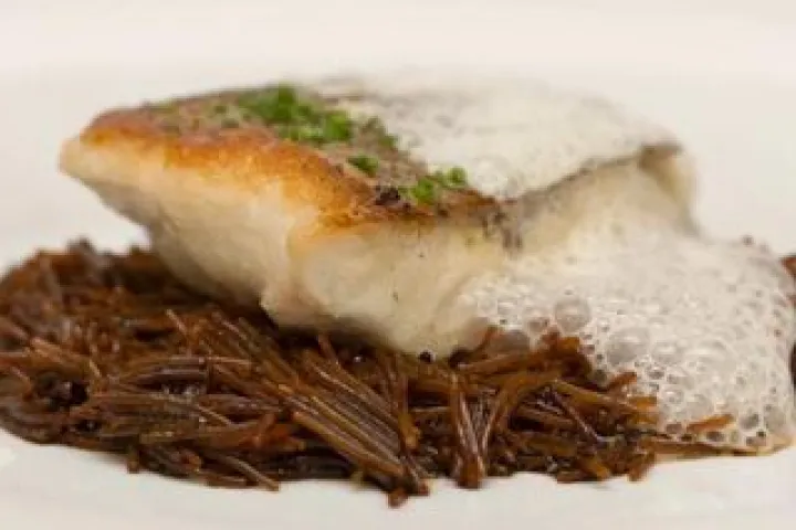 Golden fish served on a dark preparation, with a light sauce.