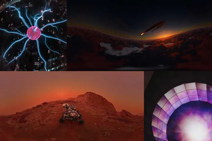Un montage de quatre images scientifiques : une sphère à plasma, deux paysages martiens et une projection de nébuleuse