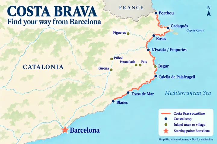 Simplified map showing the Costa Brava northeast of Barcelona, from Blanes to Portbou, with the main villages and Girona inland.