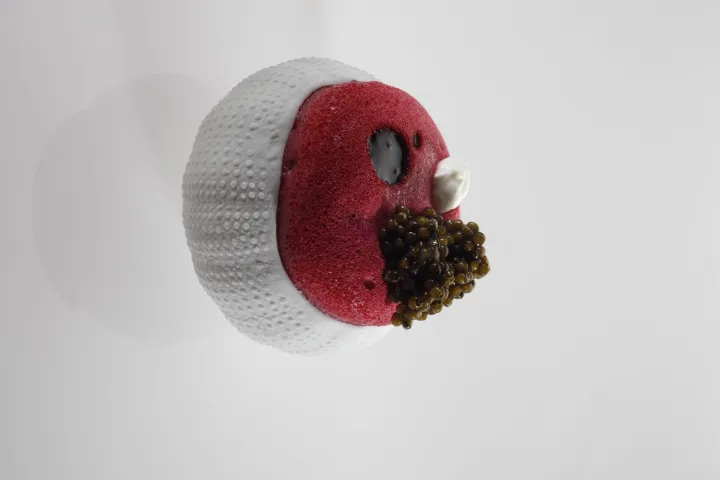 A red creation topped with caviar and a touch of white, served in a textured white dish.