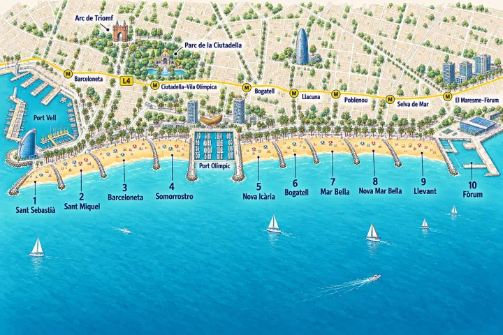 Carte des plages de Barcelone