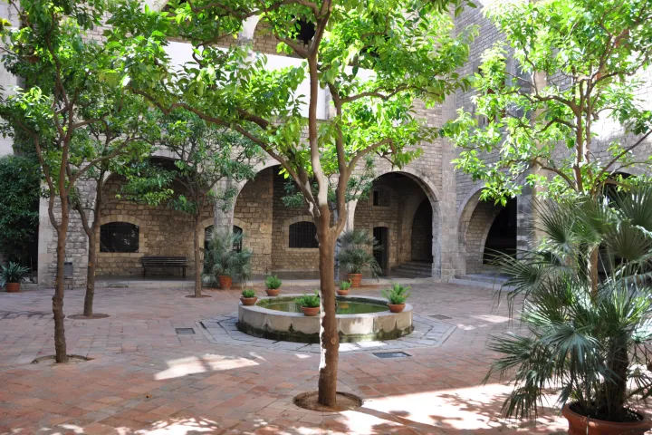 O pátio do museu plantado com laranjeiras, cercado por arcadas góticas, com sua bacia central