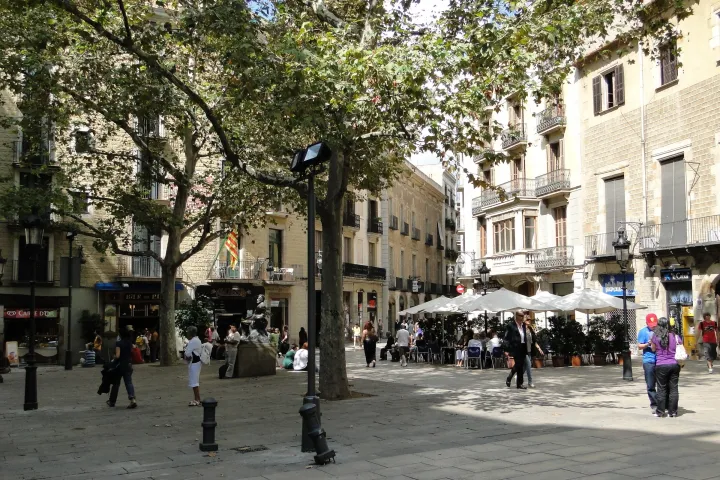 Les terrasses de la Plaça de Sant Josep Oriol à l'ombre des platanes, le long du flanc de Santa Maria del Pi