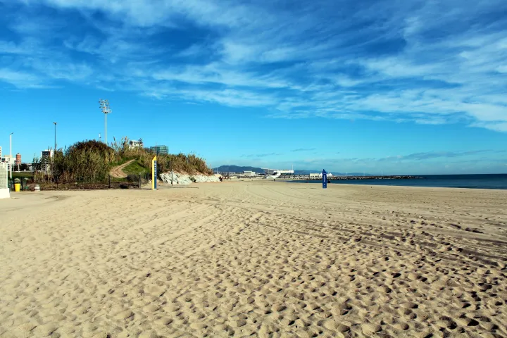 La playa de la Mar Bella, sus dunas plantadas y el mar bajo un cielo azul