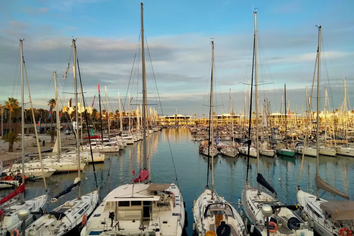 Os veleiros atracados na bacia do Porto Olímpico, vistos do Moll de Marina