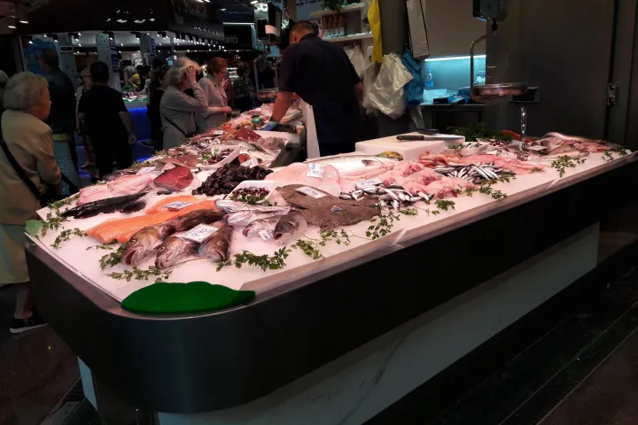 Ein Fischstand im Mercat de Sant Antoni, Fische und Meeresfrüchte auf Eis präsentiert, der Fischhändler hinter der Theke