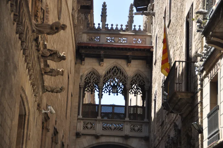 The ornate stone bridge spanning the Carrer del Bisbe, between the Gothic facades of the district