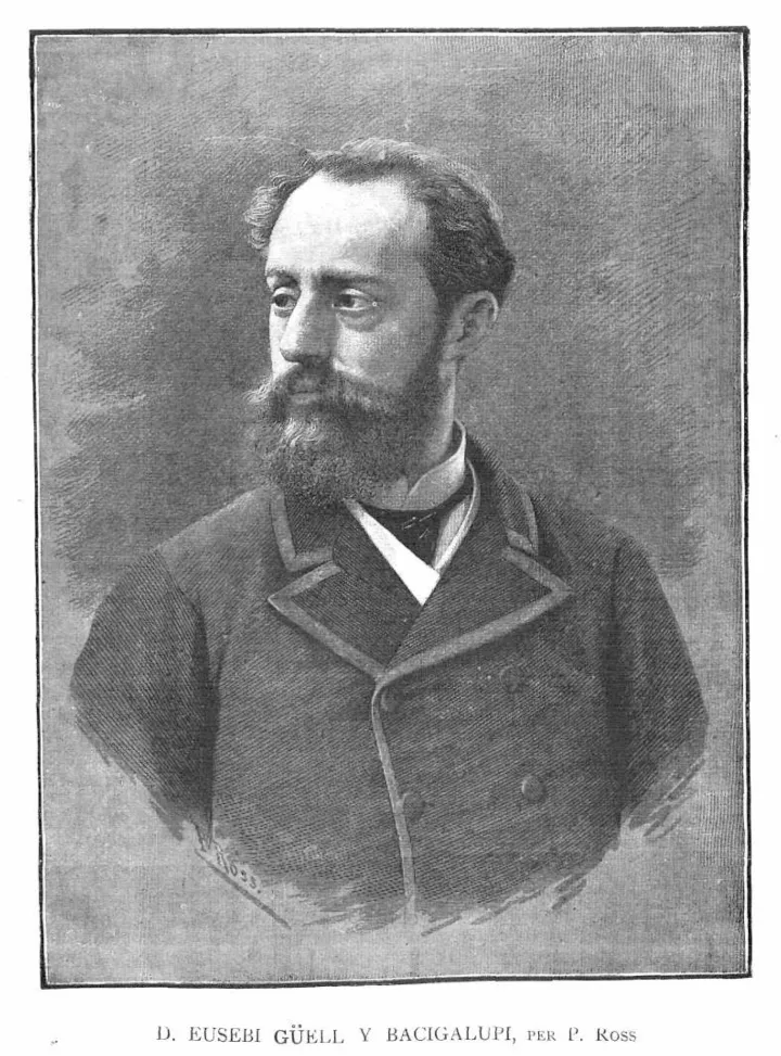 Graviertes Porträt von Eusebi Güell i Bacigalupi, Mäzen von Gaudí, veröffentlicht 1884