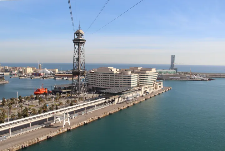 O Moll de Barcelona, o World Trade Center e a torre do teleférico, vistos da cabine do Telefèric del Port
